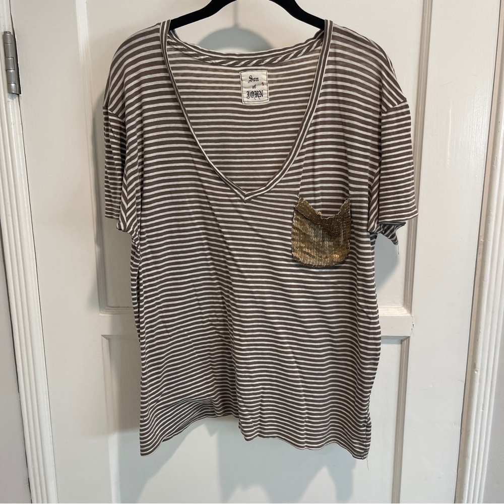 Son of John New York Striped V-Neck T-Shirt with Gold Pocket